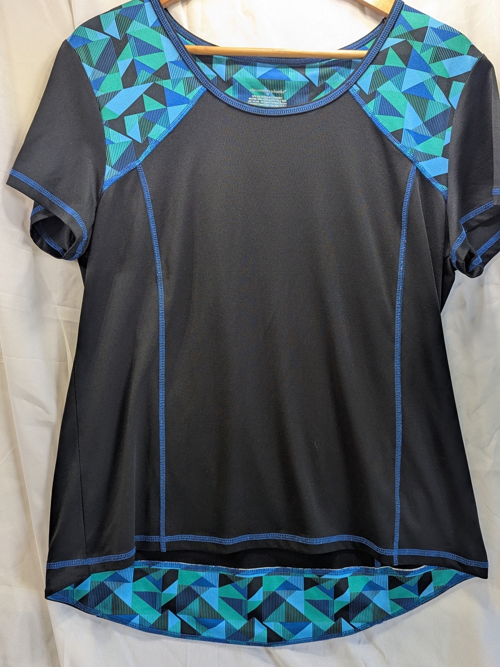 Christopher & Banks Black Athletic Wear Tee with Teal Geometric Panels Size XL